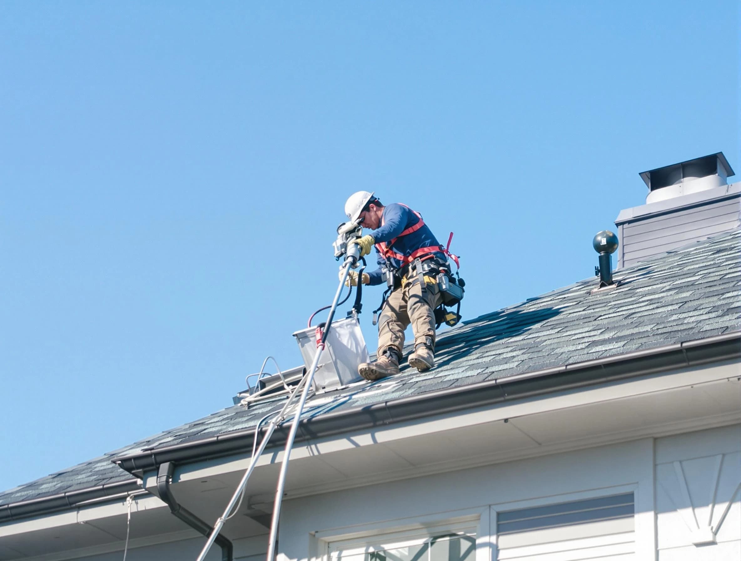 Castle Pines Village Dryer Vent Cleaning certified technician cleaning a roof-mounted dryer vent system in Castle Pines Village