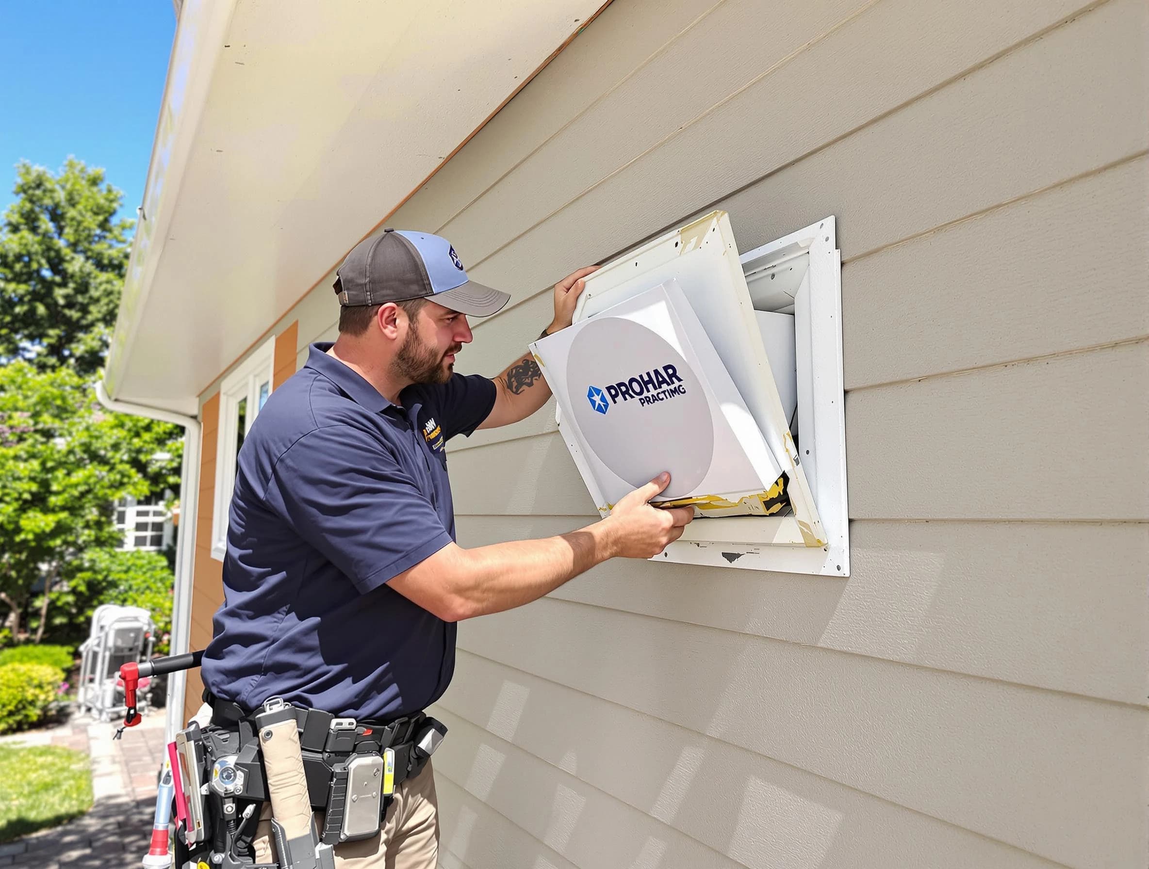 Castle Pines Village Dryer Vent Cleaning technician installing a new protective dryer vent cover on a home in Castle Pines Village
