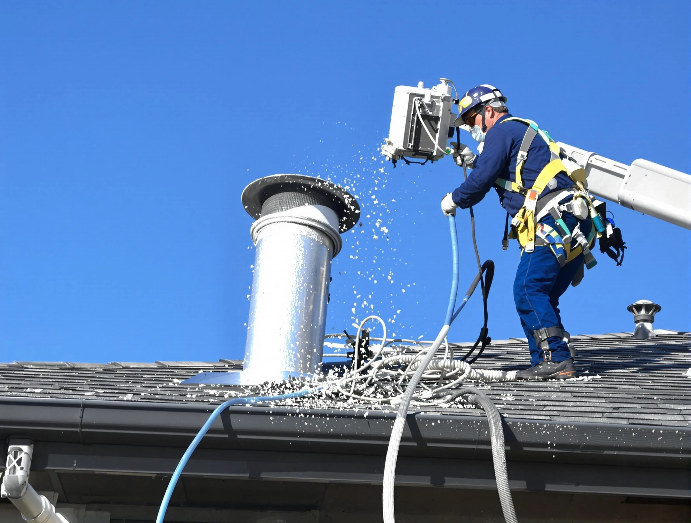 Castle Pines Village Dryer Vent Cleaning certified technician safely cleaning a roof-mounted dryer vent in Castle Pines Village